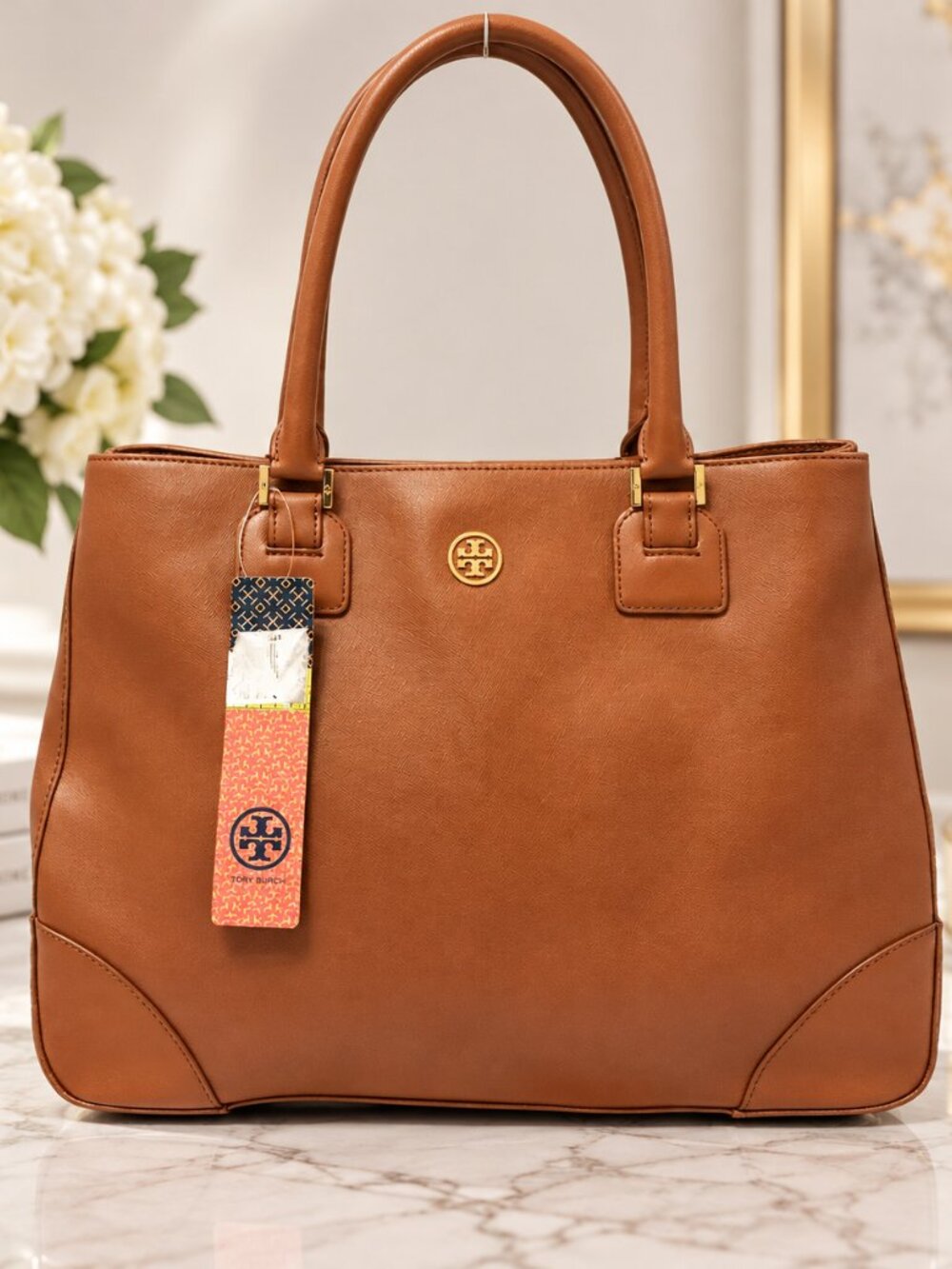 Tory Burch Robinson East-West Tote Luggage Tan Saffiano Leather Gold Hardware